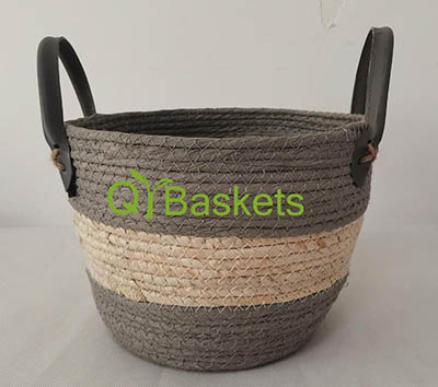 storage basket,gift basket,made of paper rope and maize,PU handle