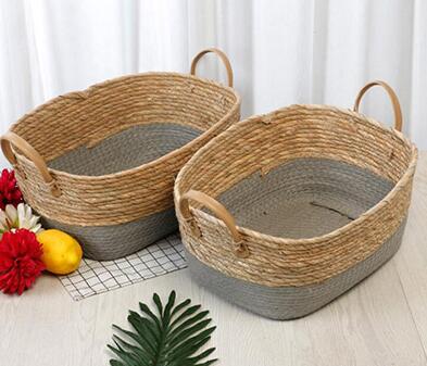 storage basket gift basket made of rush with faux leather handle