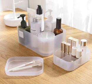 Cosmetics organizer with grid matte storage bins