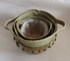 hand made rush & paper rope plant pot flower pot with plastic liner set of 3
